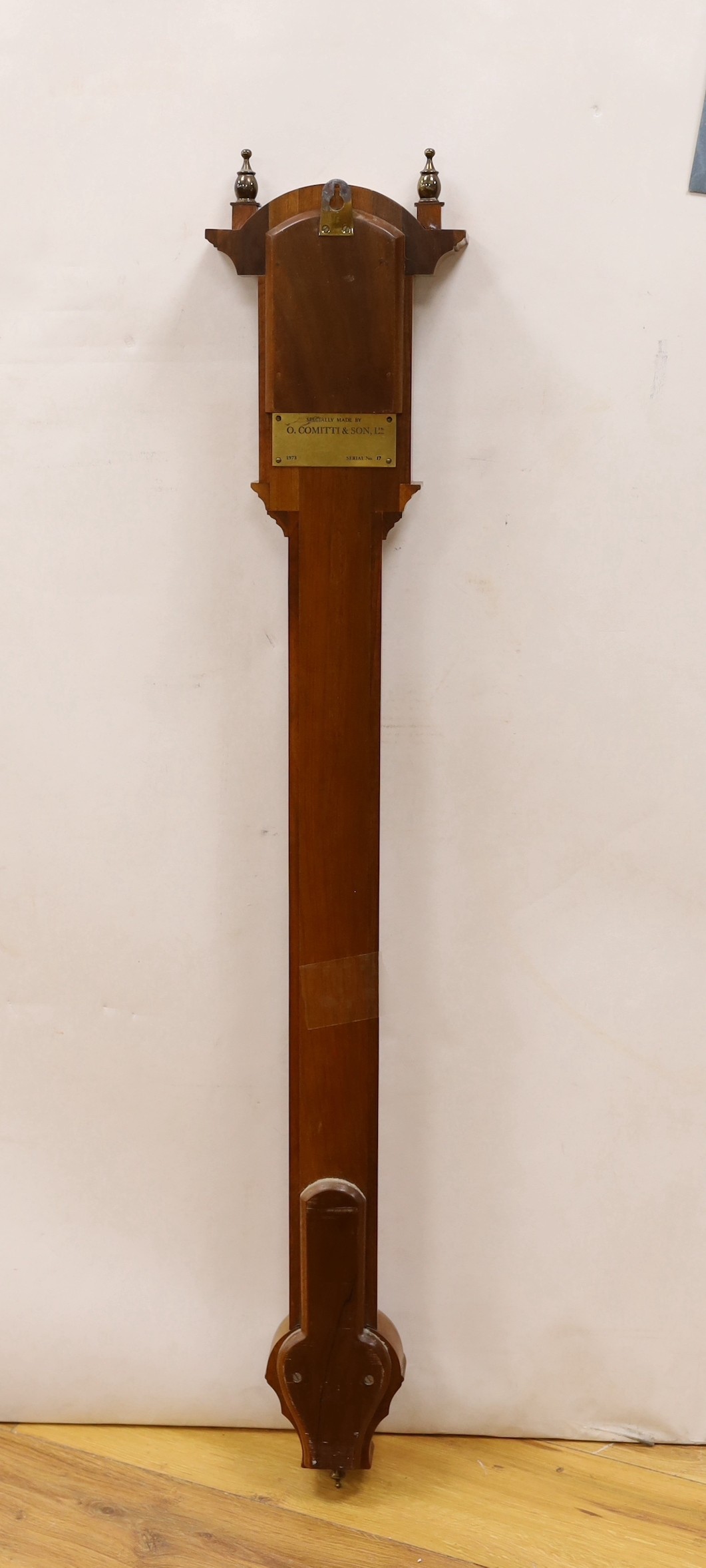 A Comitti & Son limited edition burr walnut and mahogany barometer, copy of a stick barometer by John Cuff, 100cm